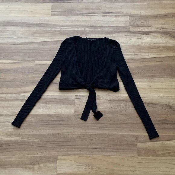 White House Black Market Cropped Ribbed Knit Top Large Open Front Tie - Picture 1 of 7